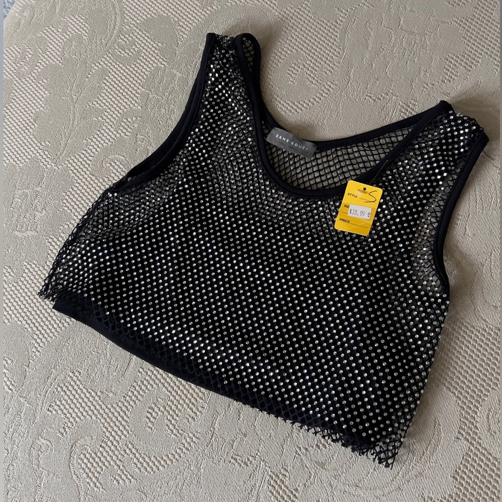 Sans Souci Black Mesh Sequin Cropped Tank